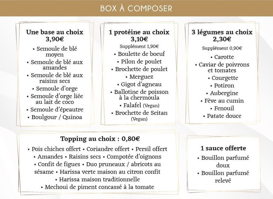 Golden Grain bar à couscous Montpellier Menu Golden Grain BOX A COMPOSER